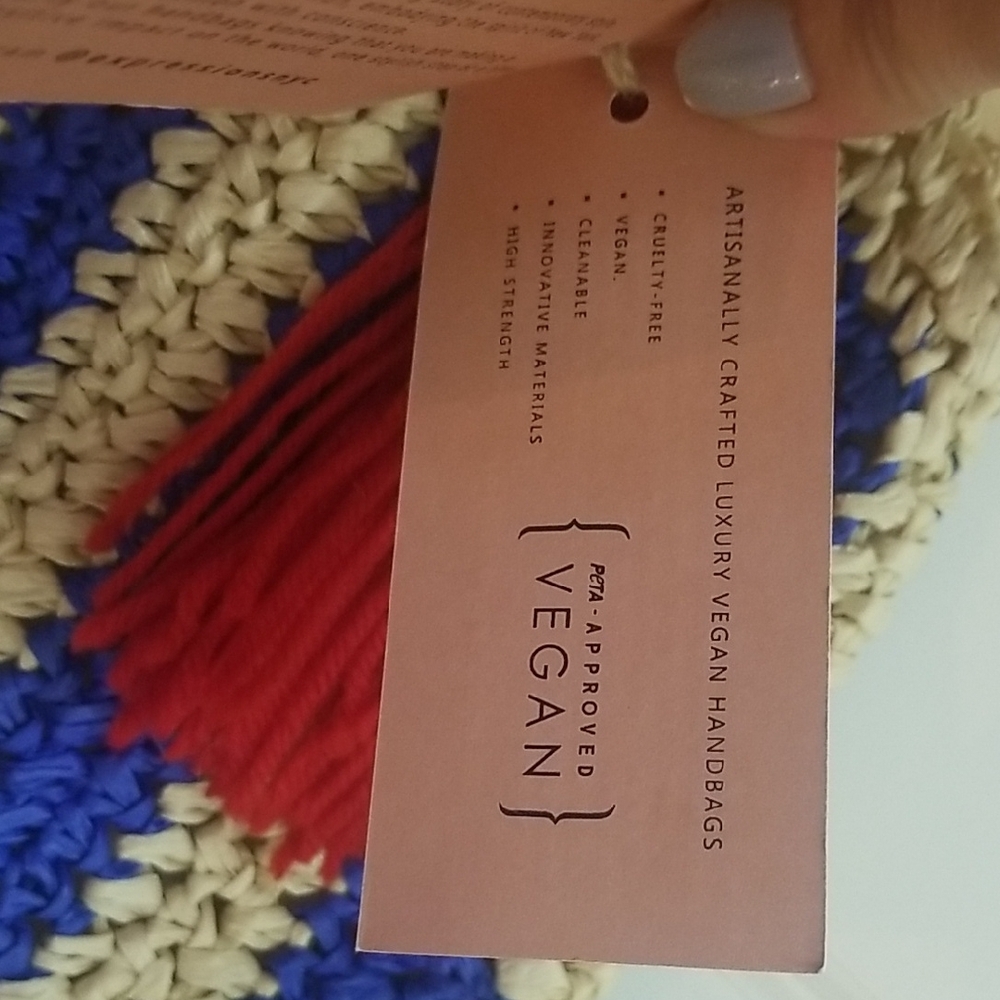 Expressions Royal Blue and Beige Striped Tote With Red Tassel NWT - Picture 5 of 13